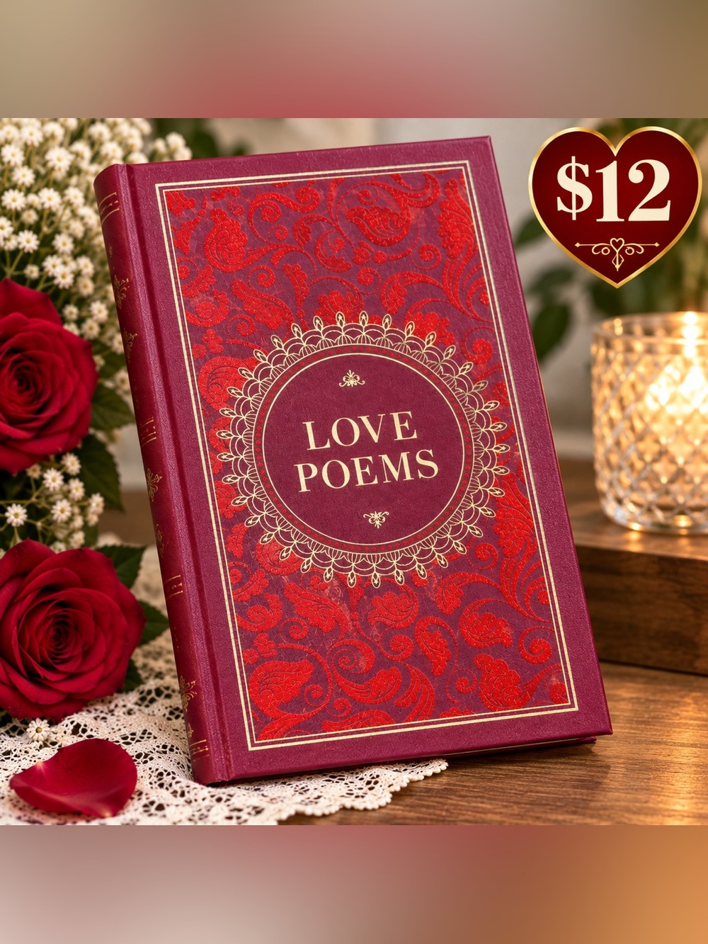 Elegant Red and Gold Love Poems Book